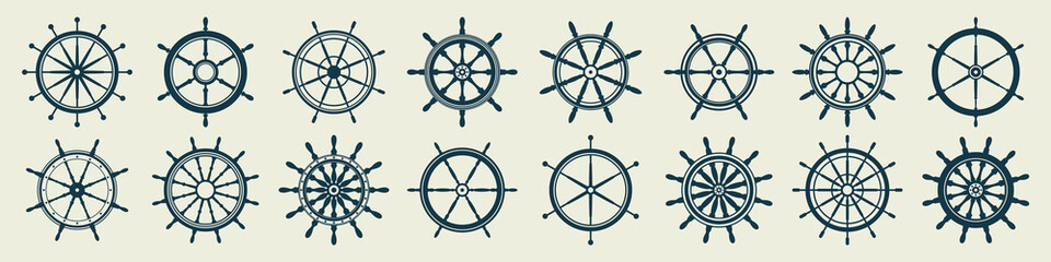 Collection of vintage steering wheels. Ship, yacht retro wheel symbol. Nautical rudder icon. Marine design element. Vector illustration - obrazy, fototapety, plakaty