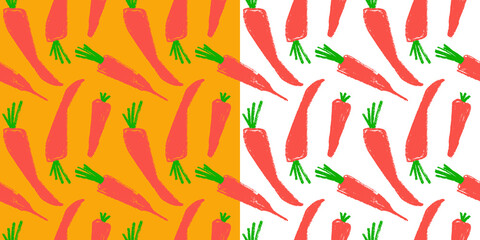 Vector carrot pattern seamless. Textured hand-drawn carrots  background. Vegetarian cooking backdrop. Healthy eating banner. Vegetable drawings for organic food label, juice packaging, vegan cosmetic.