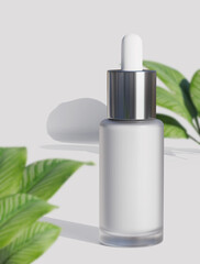 dropper bottle with green leaf for product display.