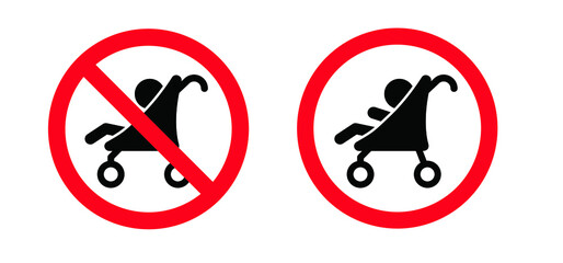 No baby stroller or buggy. Stop. walking for taking care of children. Cartoon vector Baby carriage icon or symbol. Do not use prams. No ban. pushchair not allowed