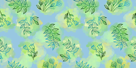 Spring Seamless Pattern. Floral elements in doodle style. Green background. Watercolor tropical green leaves. Tulip and dandelion Flowers. Wedding Patterns with leaf