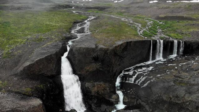 Aerial view of a waterfall on Putorana plateau
