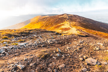 Ground rocky road stretches on ridge in highland in autumn - obrazy, fototapety, plakaty