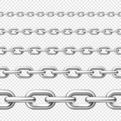 Realistic seamless metal chain with silver links on checkered background. Vector illustration.