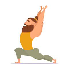 Good-natured man with beard and bump on his head practices yoga in ANJANEYASANA pose with arms up in comfortable clothes