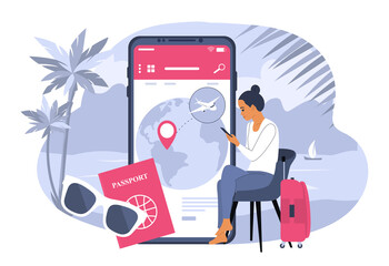 Woman planning vacation and booking air tickets. Vector illustration.