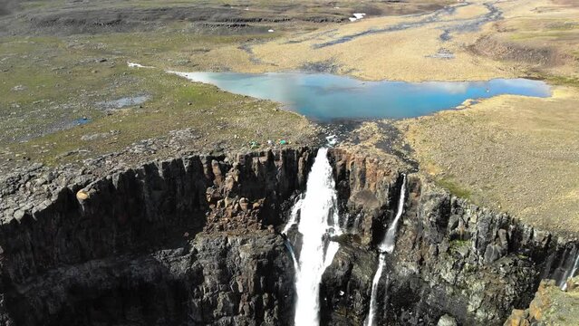 Aerial view of a waterfall on Putorana plateau