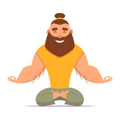 Good-natured man with beard and bump on his head meditates in lotus position Sukhasana. Yoga in comfortable clothes
