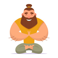 Good-natured man with beard and bump on his head meditates in lotus position. Yoga in comfortable clothes