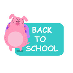 pink little pig cartoon character with blue shoulder bag. ready to go back to school