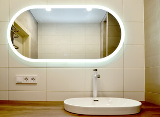 Large oval mirror with built-in LED lighting in the bathroom