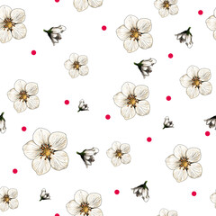 seamless pattern featuring strawberry or raspberry flowers, sketch vector graphics color illustration