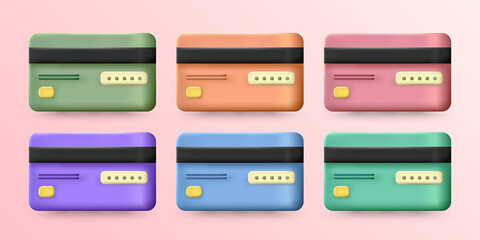 Set of colorful cartoon three-dimensional blue plastic credit, debit cards. Banking service conception. Bank payment cards  for e-commerce, business, shopping, online payment, etc.