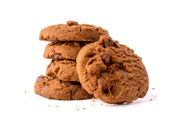 chocolate biscuits isolated on white background, closeup view of round shape homemade snack