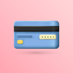 Cartoon three-dimensional blue plastic credit card for e-commerce, business, shopping, online payment, etc. Banking service conception with bank payment cards isolated on pink background. 