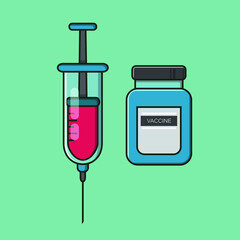 Illustration of a syringe. Syringe with needle icon. Injection with vaccine bottle isolated background.