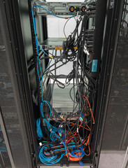 The backside of the server rack after removing the old storage.