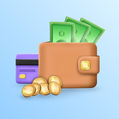 Closed brown billfold with shiny golden coins, purple plastic credit card and pills of green banknotes. Cartoon three-dimensional wallet with golden button and money inside. Cash payment concept EPS10