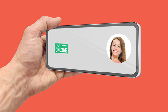 Watching exercise workout online with coach on smartphone screen