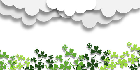 Happy Saint Patrick's day with clover leave or green shamrock and white cloud on white background for banner, logo website, and card. Irish celebration and festival. Paper cut style.