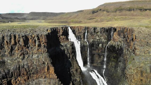 Aerial view of a waterfall on Putorana plateau