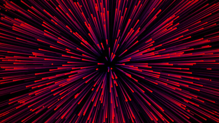 Particle circular explosion. Red strabust in universe. Abstract data flow background for event, party, carnival, celebration or other. 3D rendering.