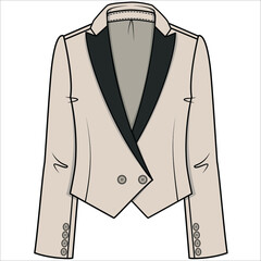 TUXEDO WITH V CUT HEMLINE CONTRAST NOTCH COLLAR BLAZER FOR WOMEN CORPORATE WEAR IN EDITABLE VECTOR FILE