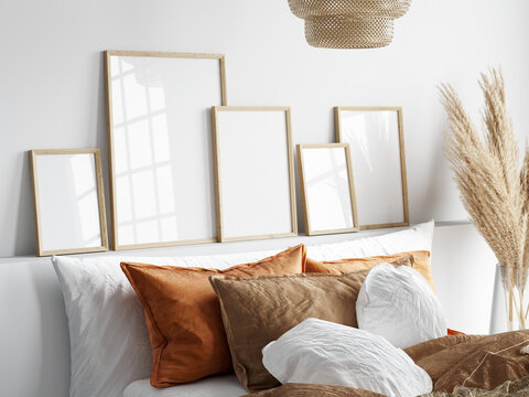 gallery frame mockup in boho bedroom interior with bed and pampas grass, 3d render