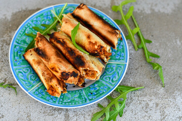 Deep Fried Turkish Cigar Shaped Rolls - Spring roll Sigara Borek.  Fried dough borek   with minced meat