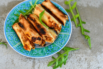 Deep Fried Turkish Cigar Shaped Rolls - Spring roll Sigara Borek.  Fried dough borek   with minced meat