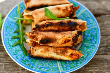 Deep Fried Turkish Cigar Shaped Rolls - Spring roll Sigara Borek.  Fried dough borek   with minced meat