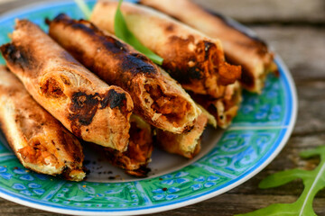 Deep Fried Turkish Cigar Shaped Rolls - Spring roll Sigara Borek.  Fried dough borek   with minced meat