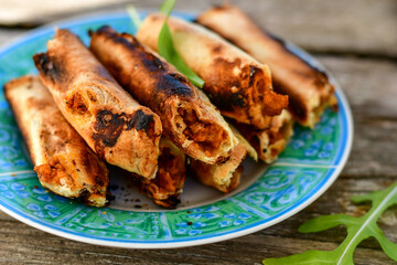 Deep Fried Turkish Cigar Shaped Rolls - Spring roll Sigara Borek.  Fried dough borek   with minced meat