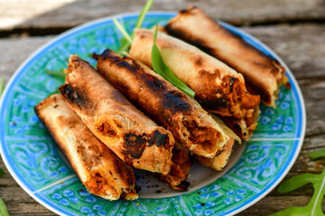 Deep Fried Turkish Cigar Shaped Rolls - Spring roll Sigara Borek.  Fried dough borek   with minced meat