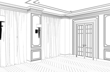 contour visualization of a large empty interior, sketch, outline, cg render