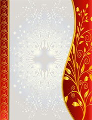 Golden background vector design with floral frame ornament, and decoration on solid gold red gradient color background
