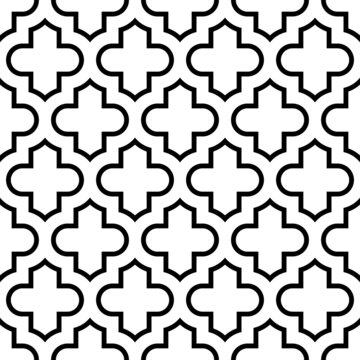 Seamless pattern with ogee ornament. Oriental traditional ornamentation with repeated tile shapes. Window tracery wallpaper. Grid motif. Digital paper for textile print, web design. Vector art image.