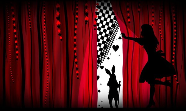 Alice and White Rabbit on the scene of Wonderland. Fantasy silhouette art