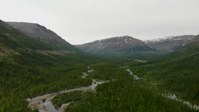 Aerial view of the forest and river at Putorana plateau