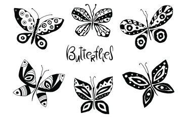 Fototapeta premium Beautiful cartoon graphic butterflies. Black and white vector set. 