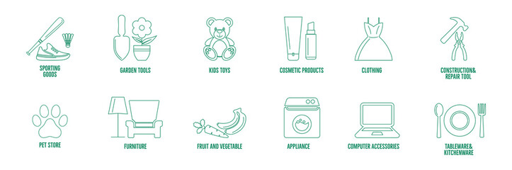 icon set of sporting goods, garden tools, kids' toys, cosmetic products, clothing, construction tools, pet store, furniture, fruit and vegetables, appliances, computer accessories, kitchen tools 
