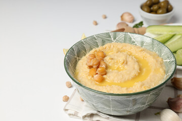 Concept of tasty food with hummus, space for text