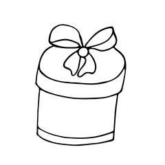 Doodle gift box with a bow and ribbon. A simple image of a closed box. Isolated vector on a white background.	
