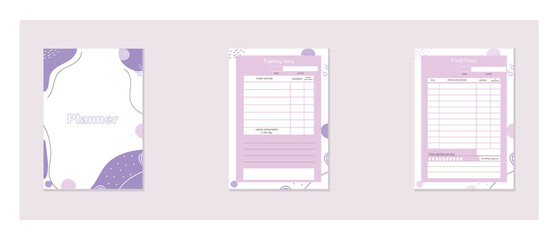A set of planners for training, fitness and eating. A4 organizer template for printing. Daily planning of products, meals, meals and sports schedules. Daily planner.