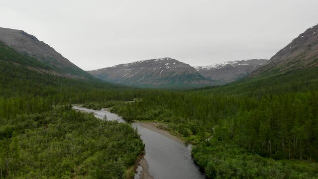 Aerial view of the forest and river at Putorana plateau