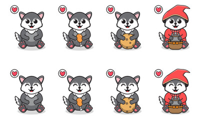 Vector Illustration of Cute sitting Wolf cartoon. Set of cute little Wolf characters. Collection of funny little wolf isolated on a white background.