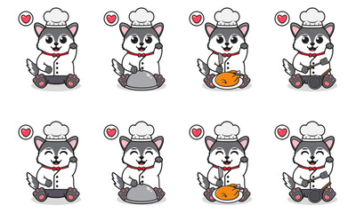 Obraz premium Vector Illustration of Cute sitting Wolf cartoon hand up pose with Chef costume. Set of cute little Wolf characters. Collection of funny little wolf isolated on a white background.
