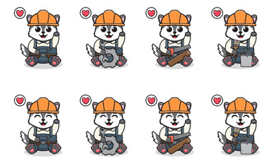Vector Illustration of Cute sitting Wolf cartoon hand up pose with Handyman costume. Set of cute little Wolf characters. Collection of funny little wolf isolated on a white background.