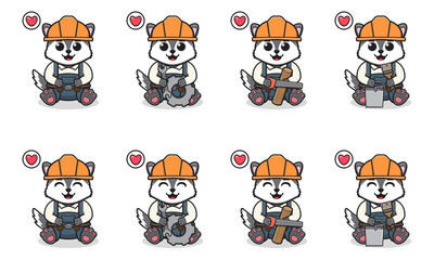 Vector Illustration of Cute sitting Wolf cartoon with Handyman costume. Set of cute little Wolf characters. Collection of funny little wolf isolated on a white background.