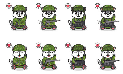 Vector Illustration of Cute sitting Wolf cartoon hand up pose with Soldier costume. Set of cute little Wolf characters. Collection of funny little wolf isolated on a white background.